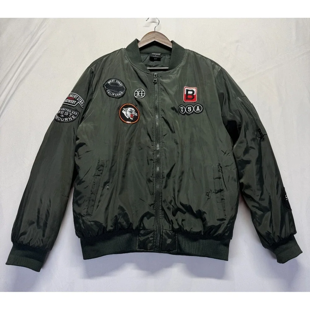 Original Deluxe Flight Bomber Jacket Mens Medium Olive Green Patch Logo Full Zip